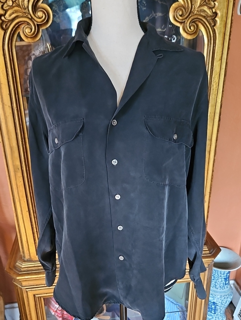 Ralph Lauren Vintage Blue Label 100% Silk Utility Shirt Size 8